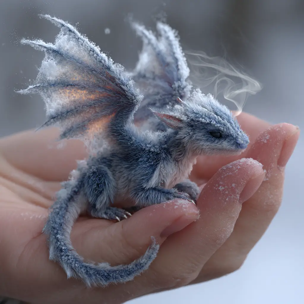 Tiny fluffy winter dragon resting in a human hand