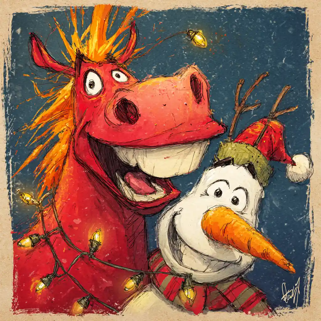 Festive Red Horse Hugging Snowman Cartoon Illustration