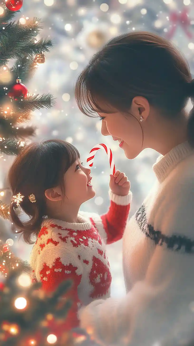 Anime mother and daughter by a glowing christmas tree