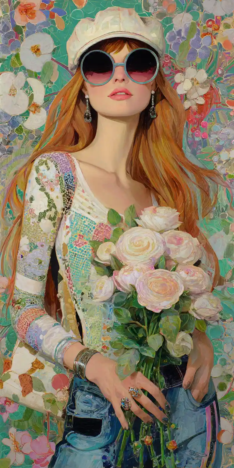 Stylish woman holding roses in a colorful outdoor portrait