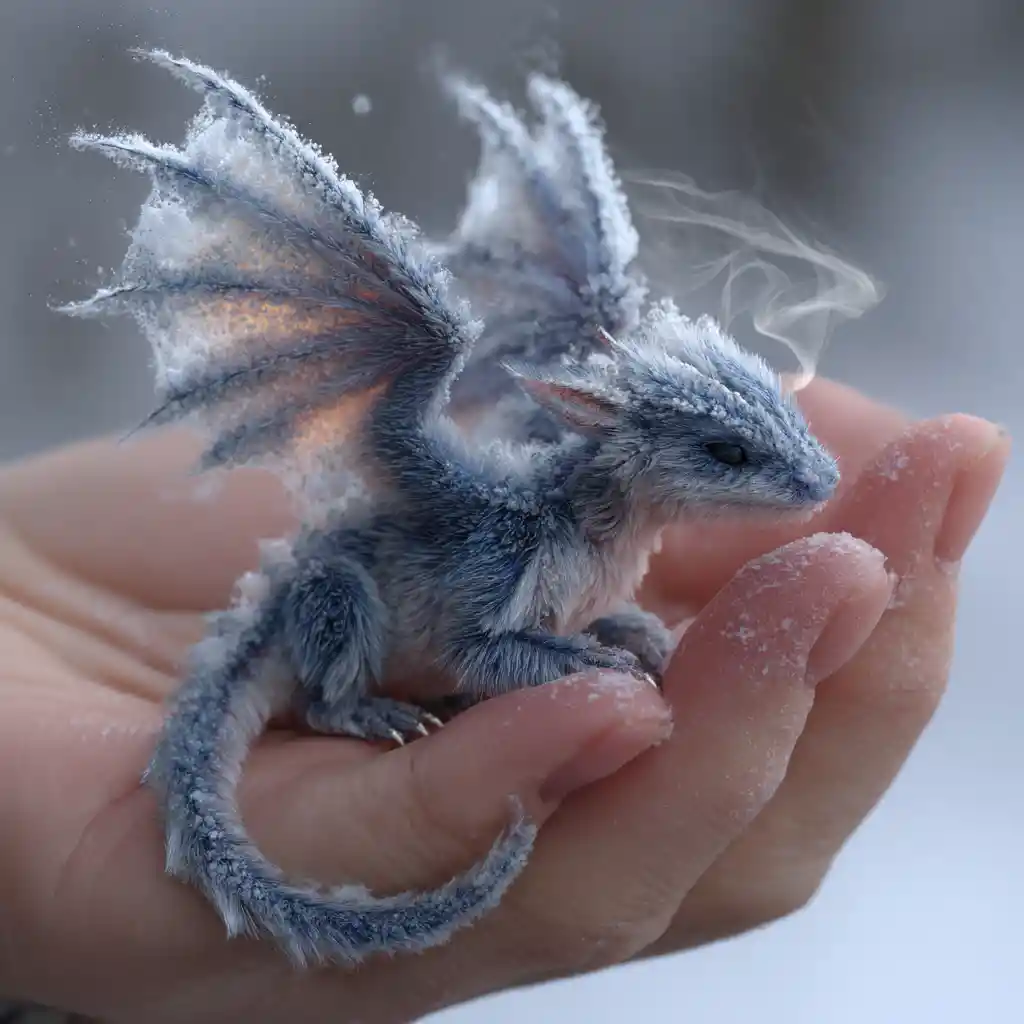 Tiny fluffy winter dragon resting in a human hand