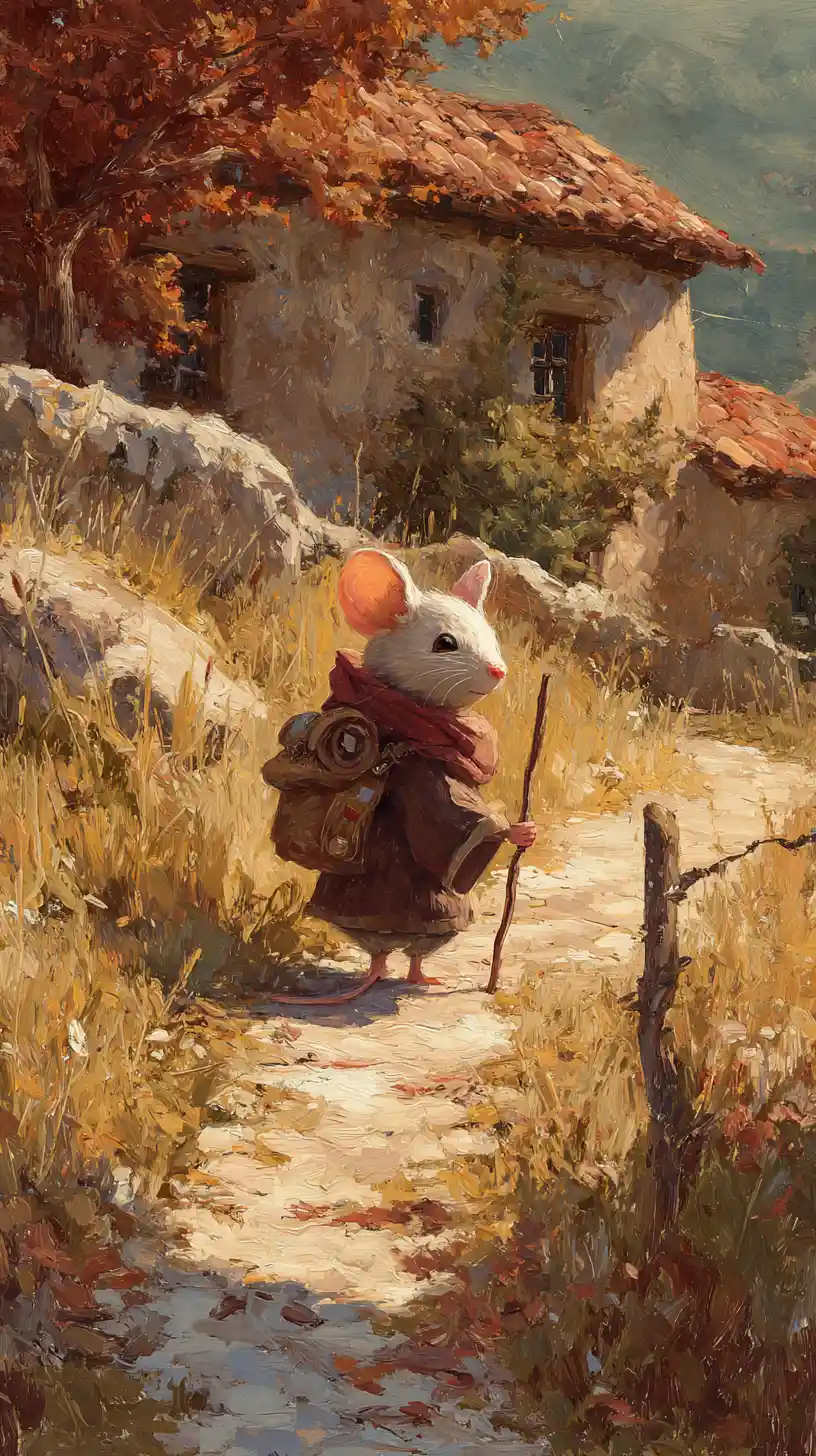 Pilgrim mouse walking along the Spanish countryside path
