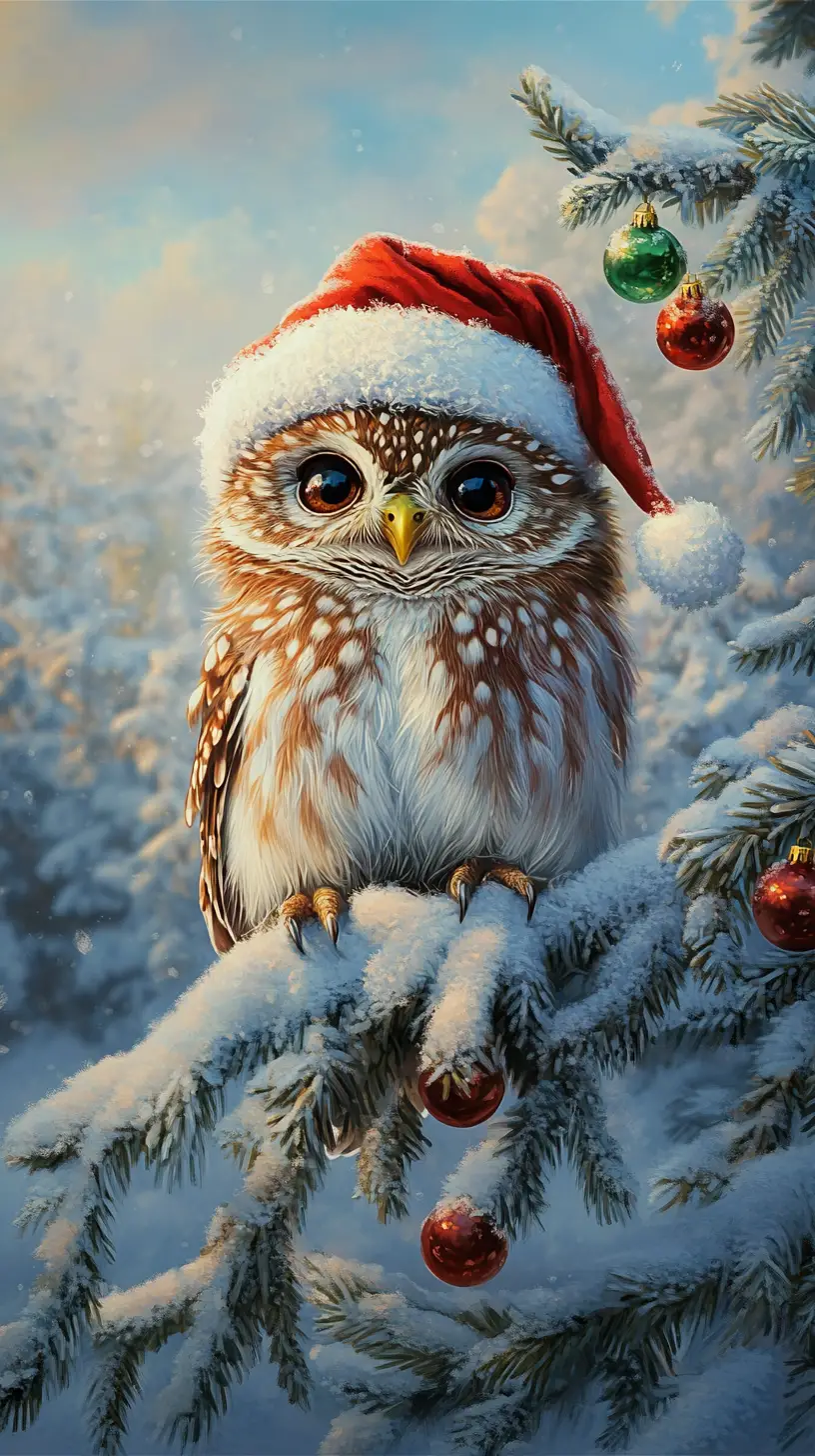 Cute owl in new year hat by a snowy christmas tree