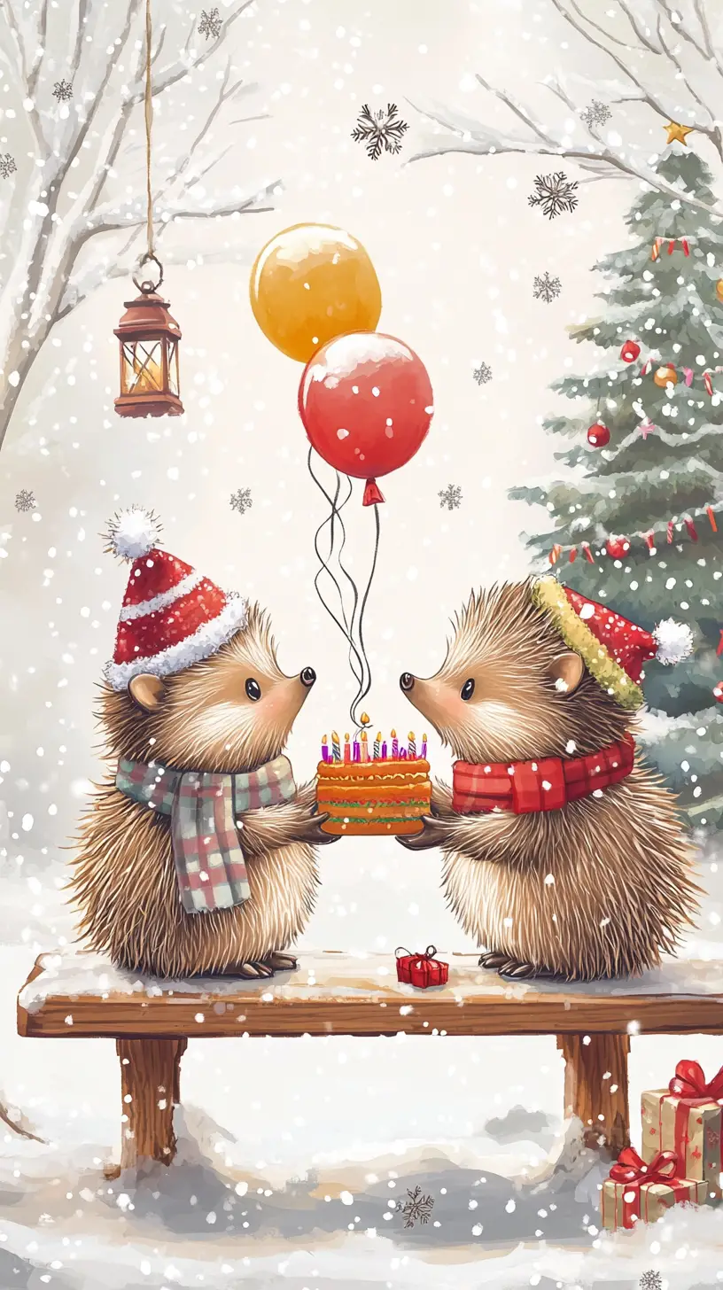 Dolci ricci cartoon che si scambiano regali su una panchina innevata