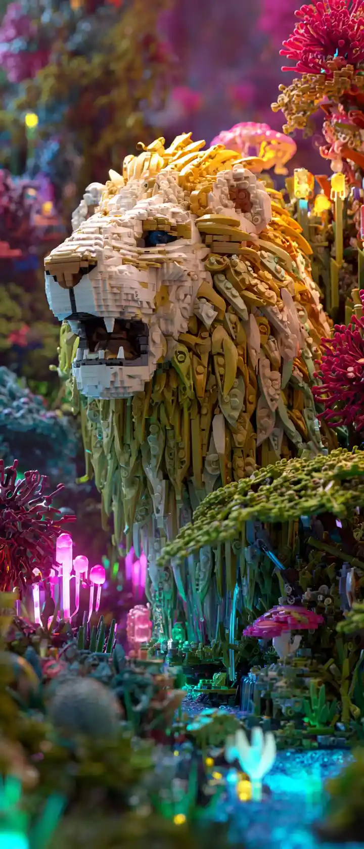 Mythical Lego Beast In A Neon Fantasy Garden