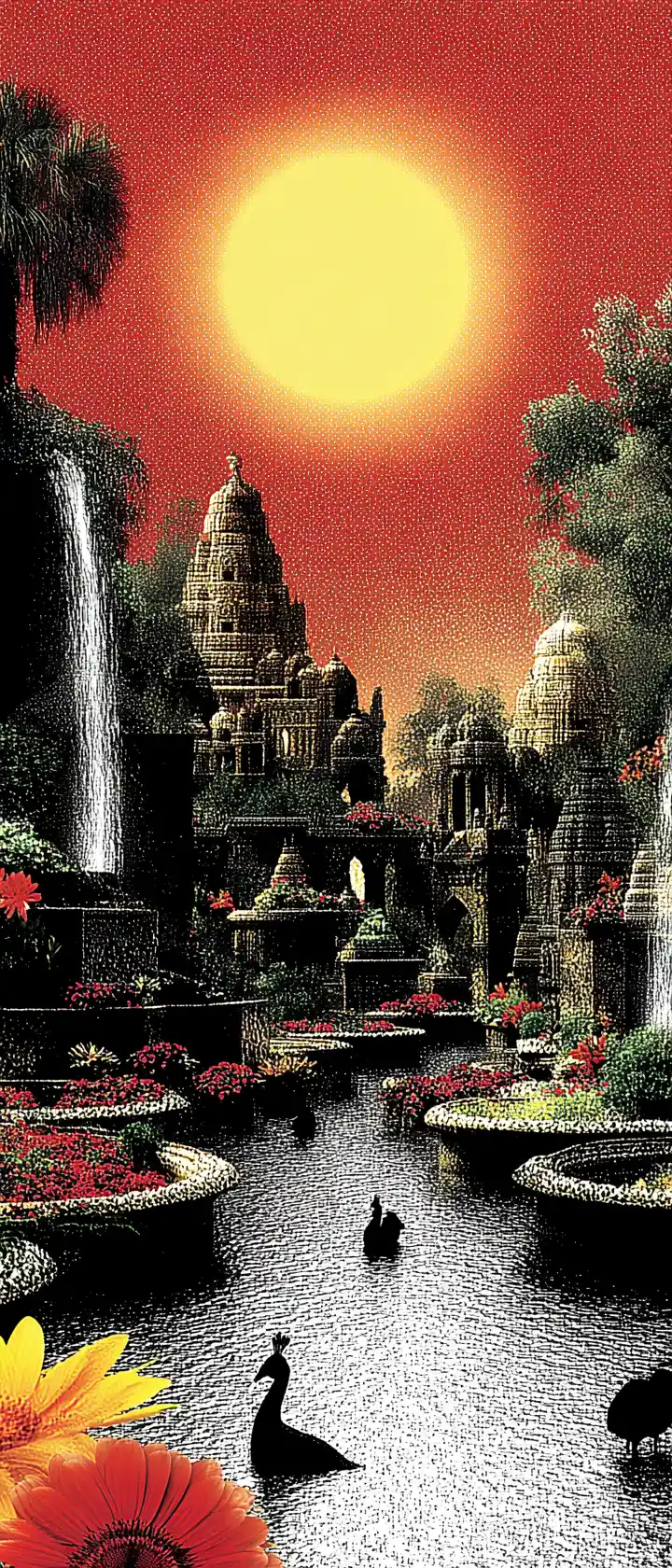 Serene vrindavan garden with peacocks and temples