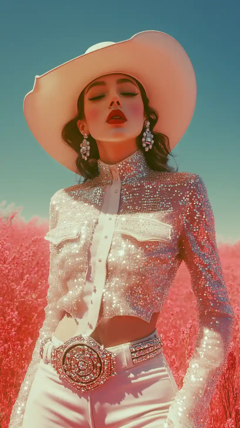 Futuristic cowgirl in sequin western outfit in desert