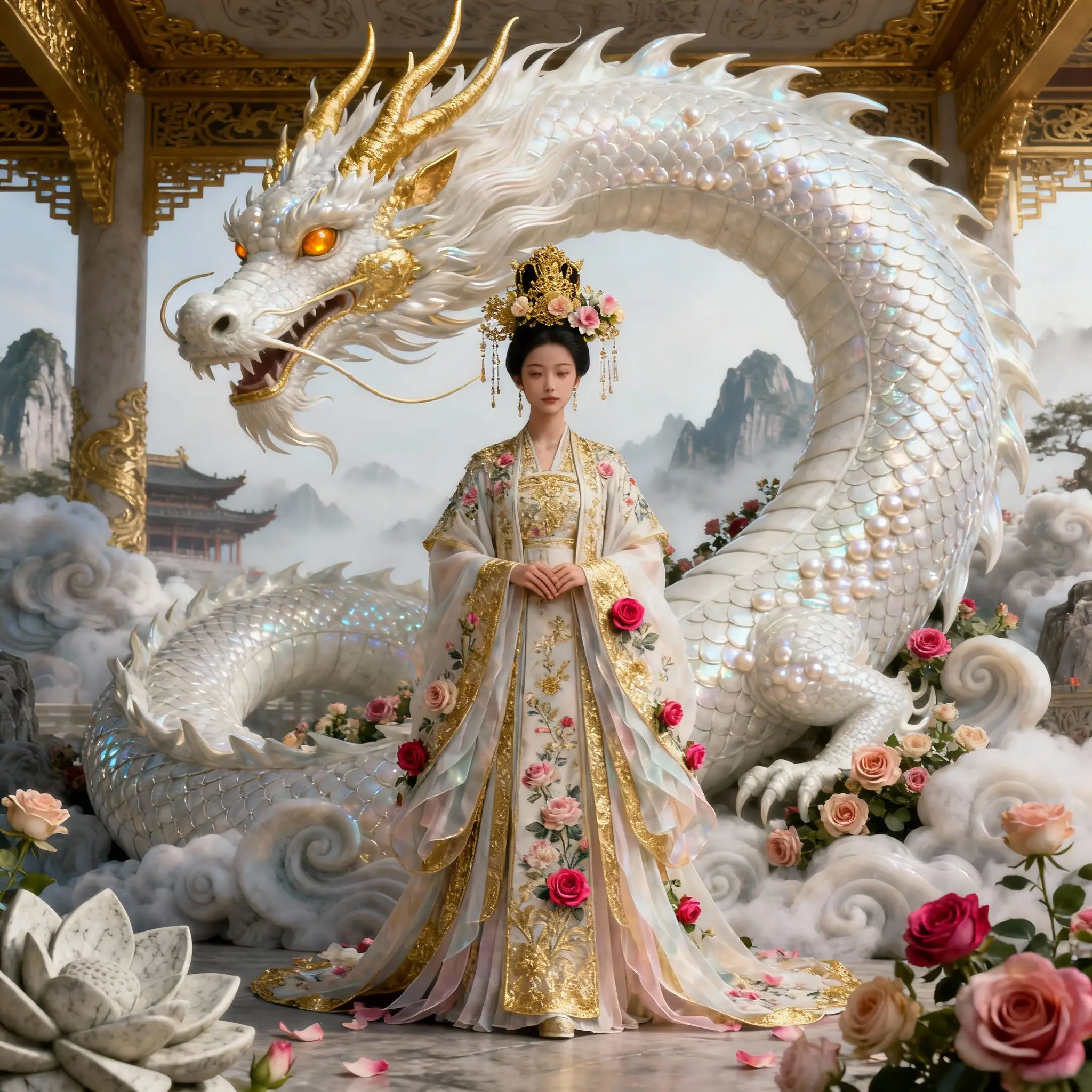 Imperial woman before a colossal white dragon