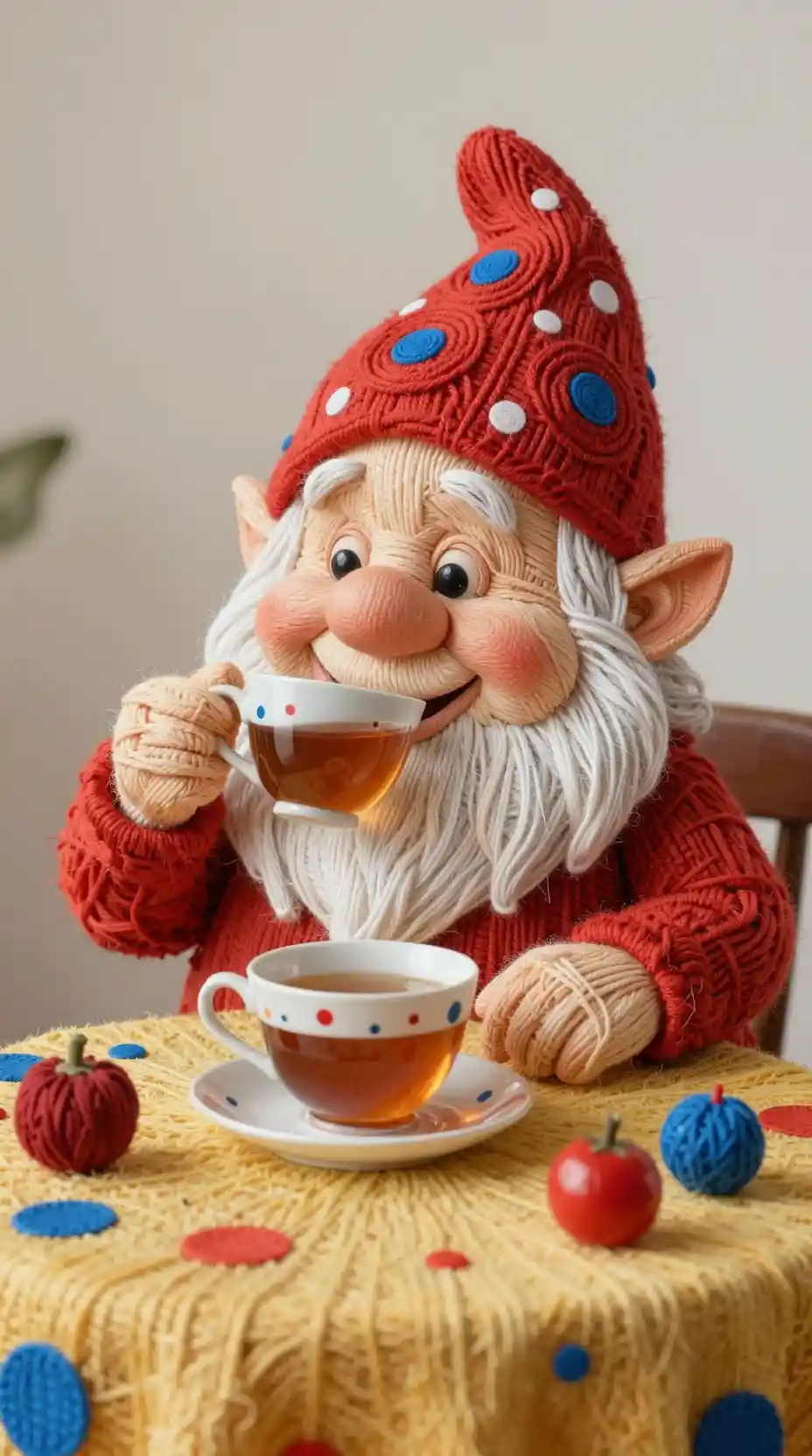 Cheerful dwarf drinking tea at a woven yarn table