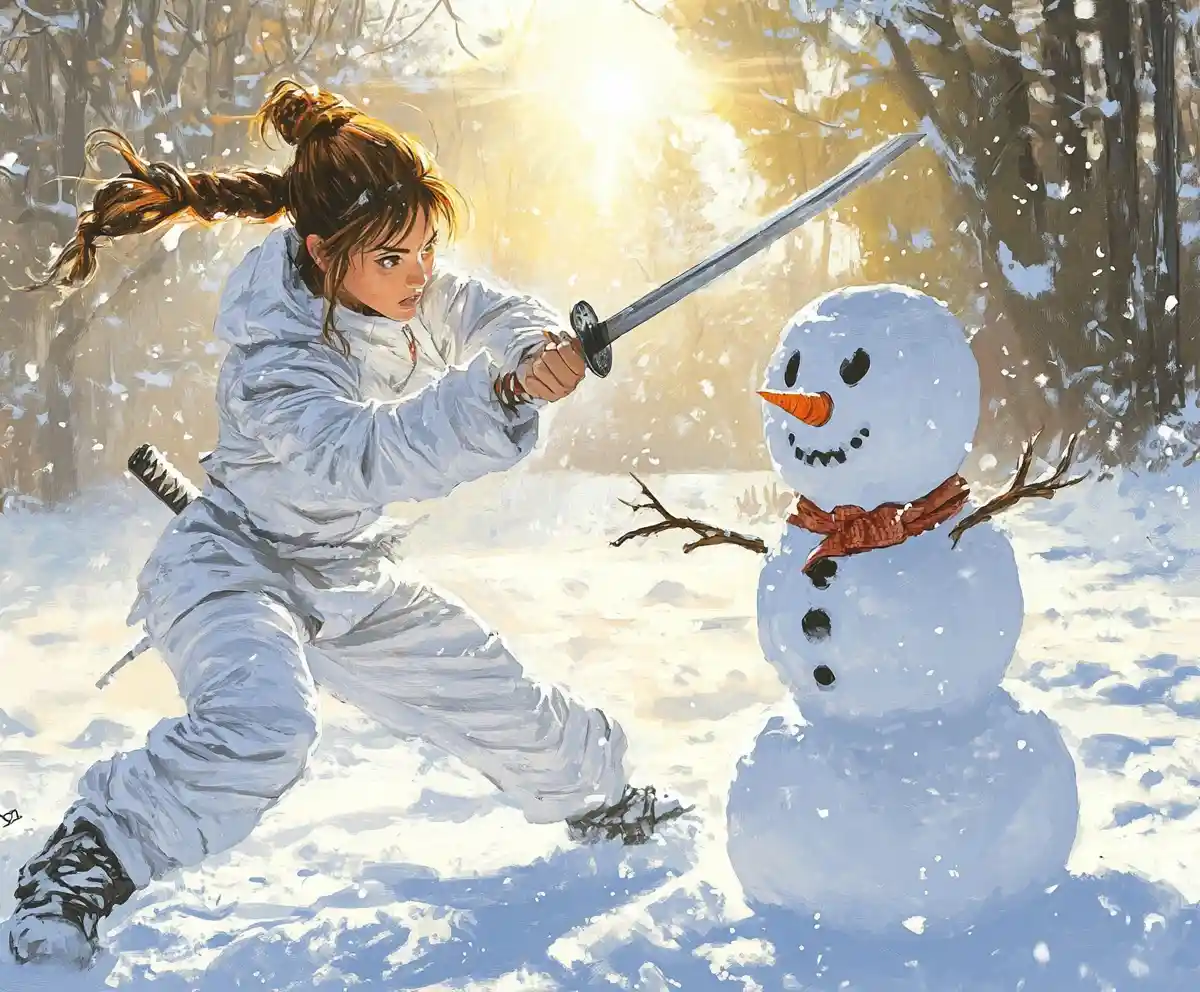 Young woman in white snow gear with raised katana
