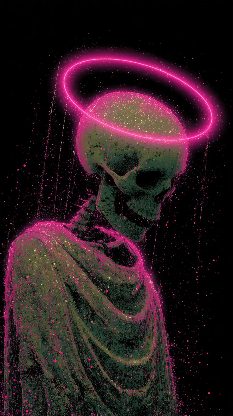 Eerie skeletal figure with pink halo on dark background