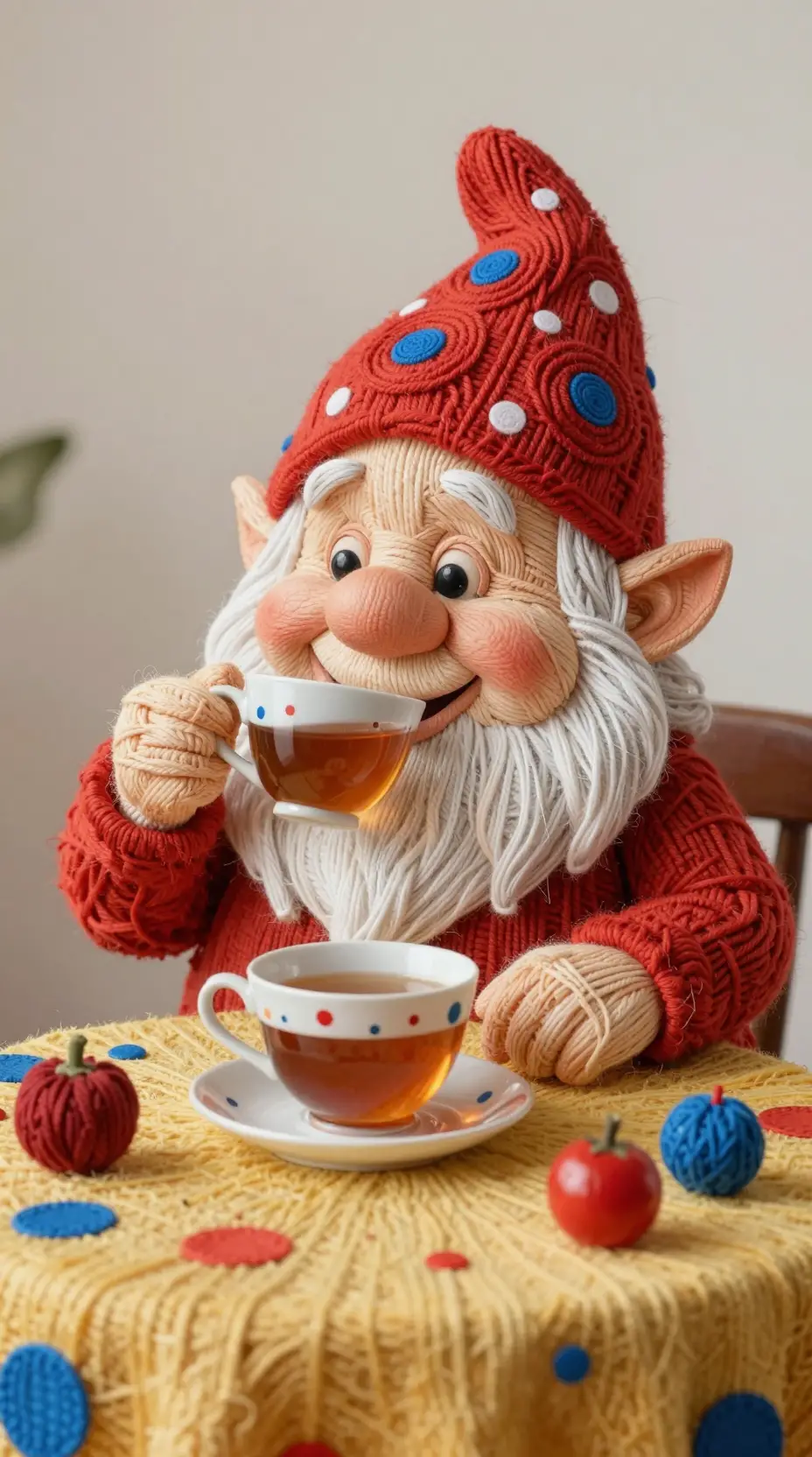 Cheerful dwarf drinking tea at a woven yarn table