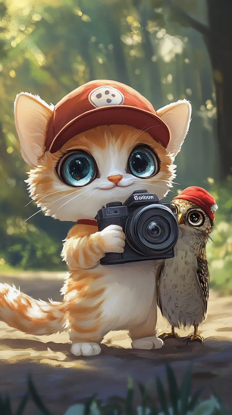 Cute cartoon cat photographer with curious owl companion