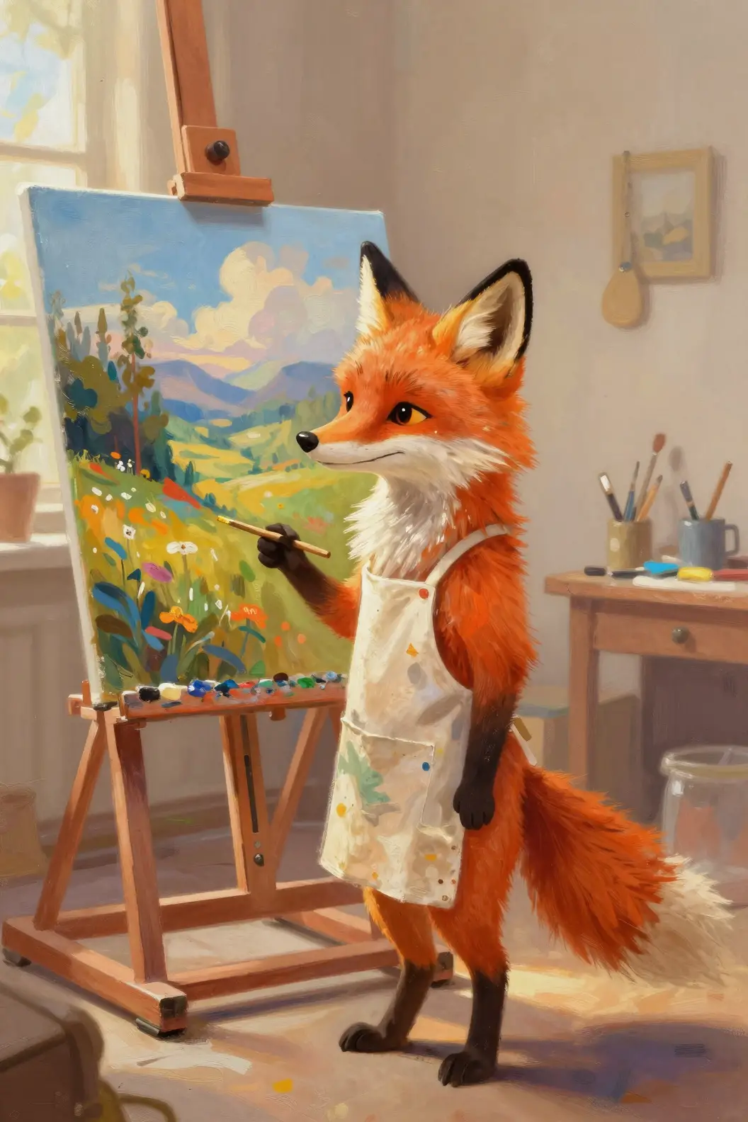 Anthropomorphic fox artist painting in a sunny studio