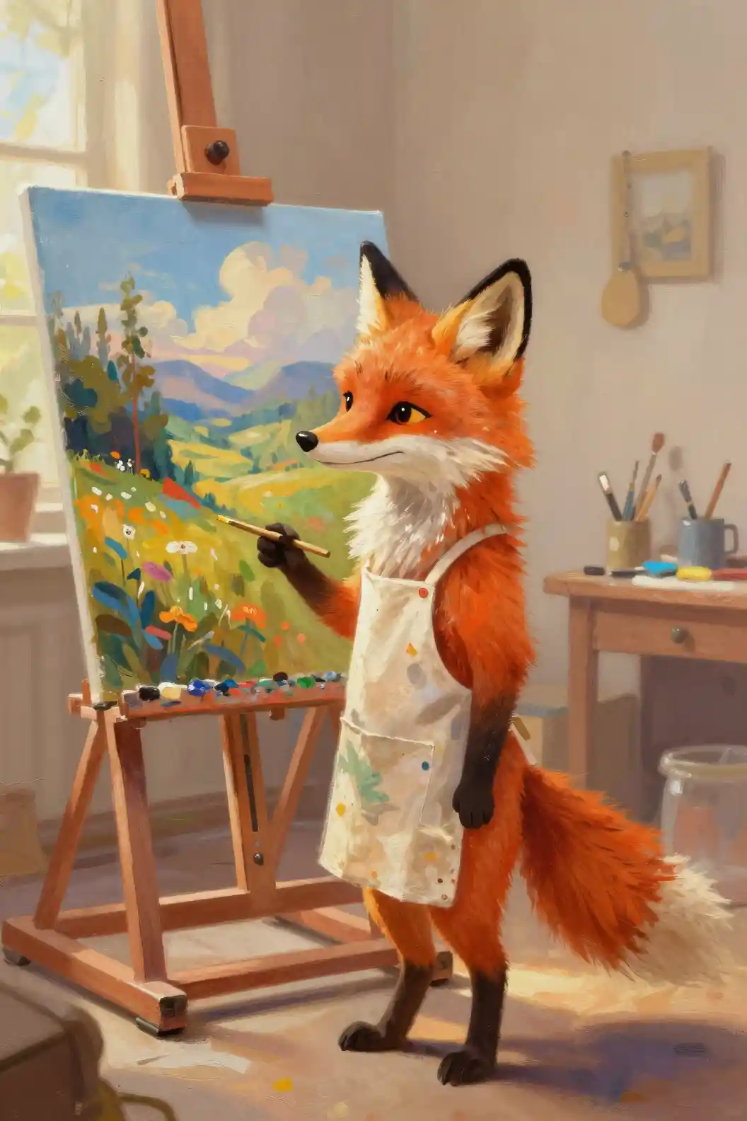 Anthropomorphic fox artist painting in a sunny studio