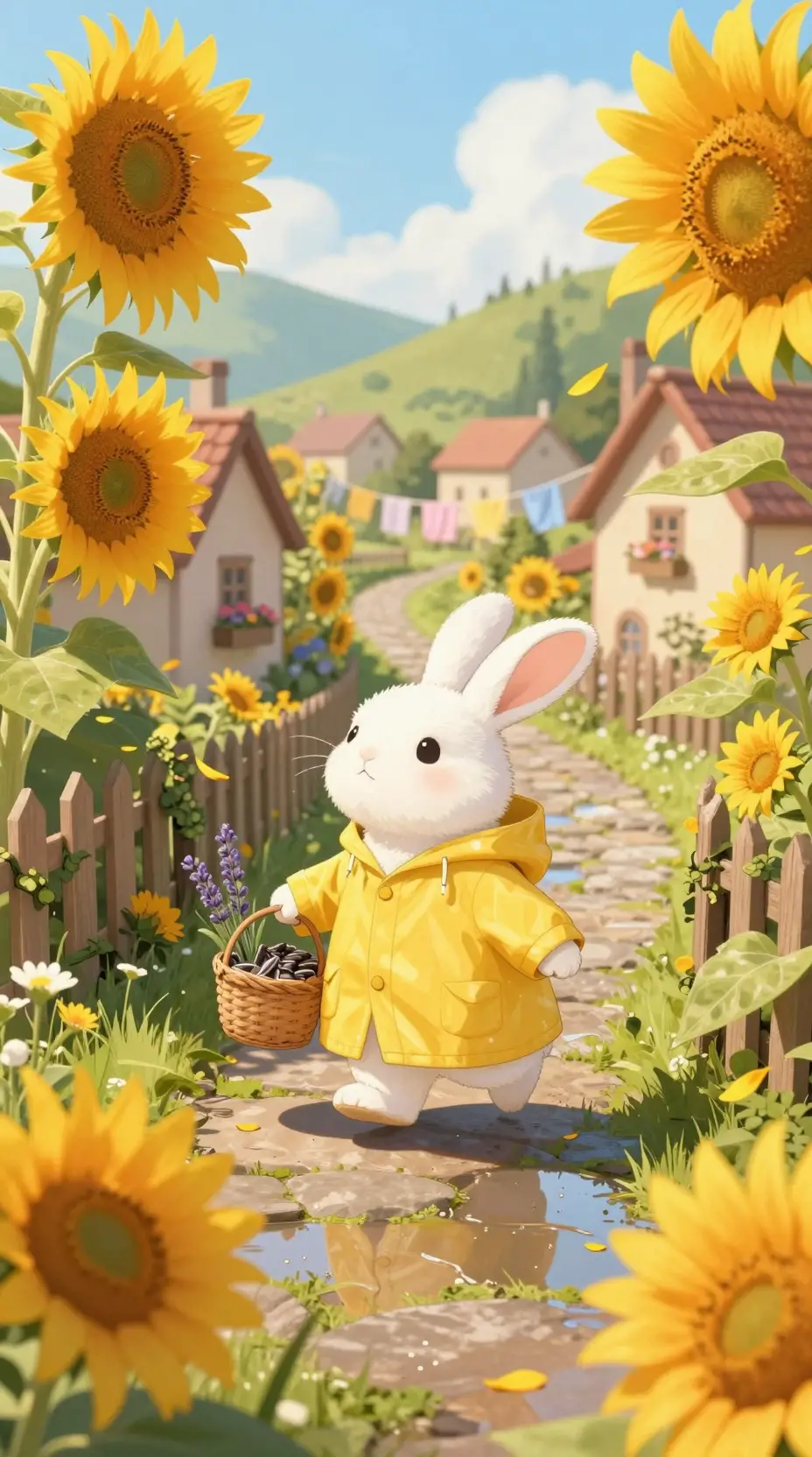 White rabbit in yellow raincoat in sunny flower village