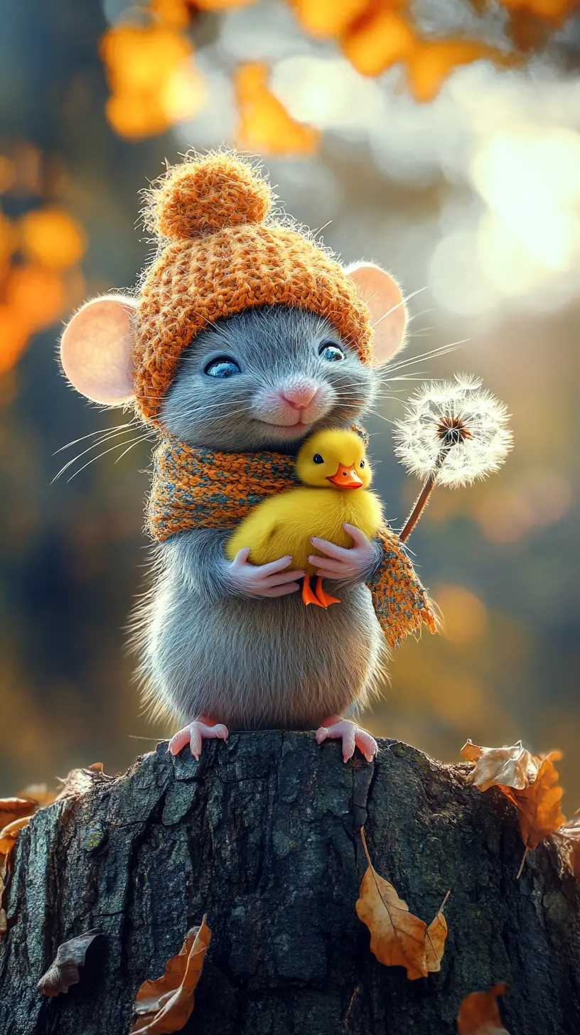 Cheerful mouse with duckling on forest tree trunk
