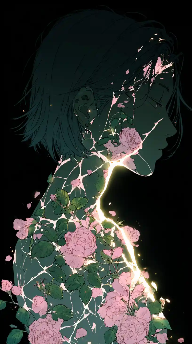 Donna anime luminosa di profilo con rose in fiore