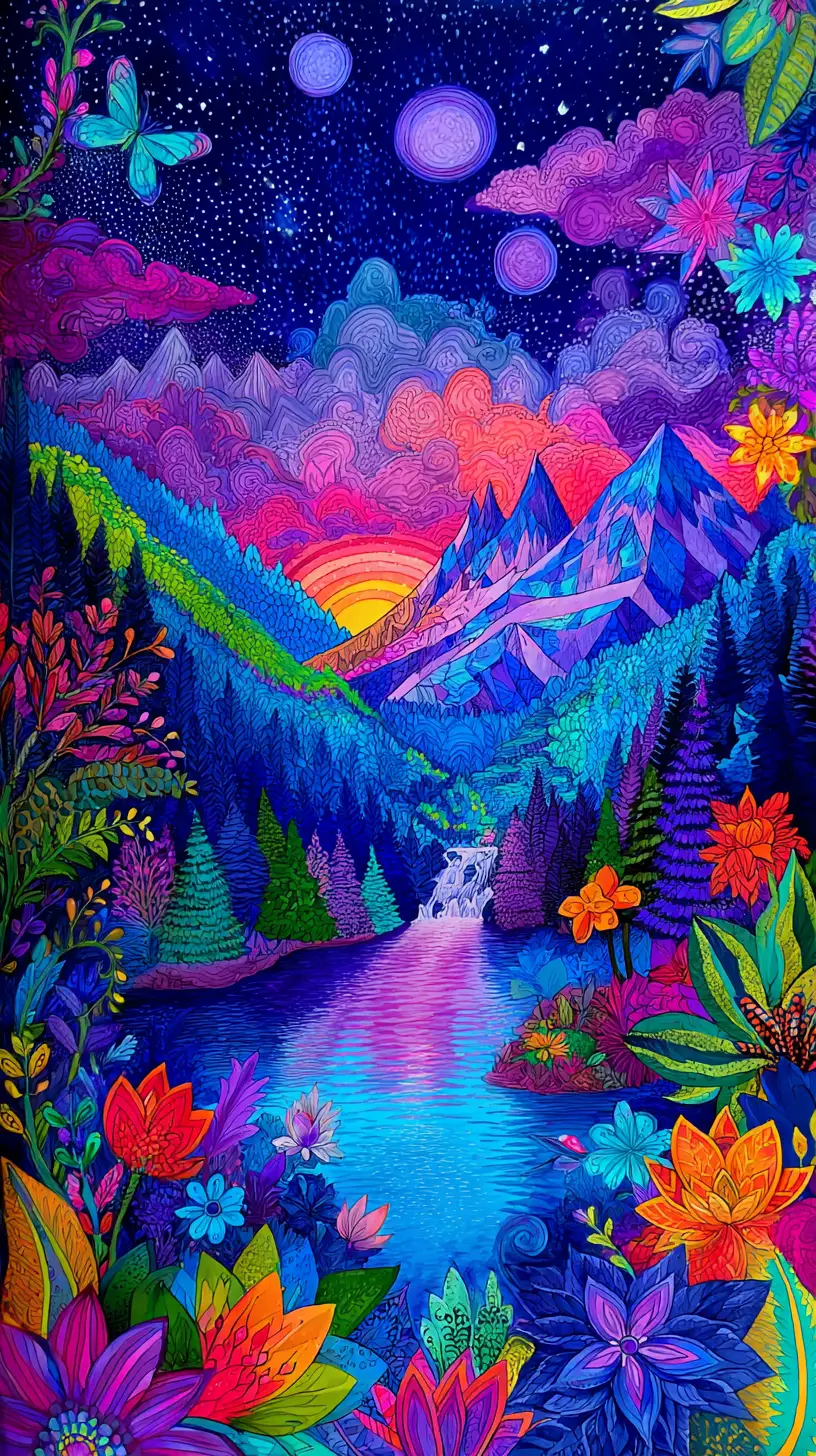 Nuvole fantasy colorate con arcobaleni e cascate di cristallo
