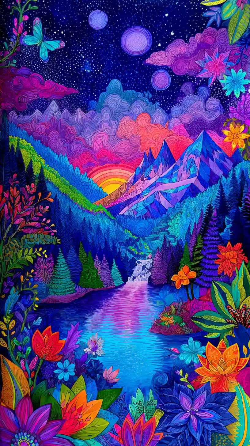 Colorful fantasy clouds with rainbows and crystal waterfalls