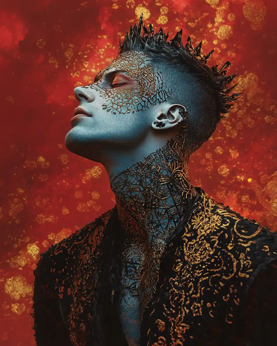 Serene tattooed blue skinned man in fiery digital art