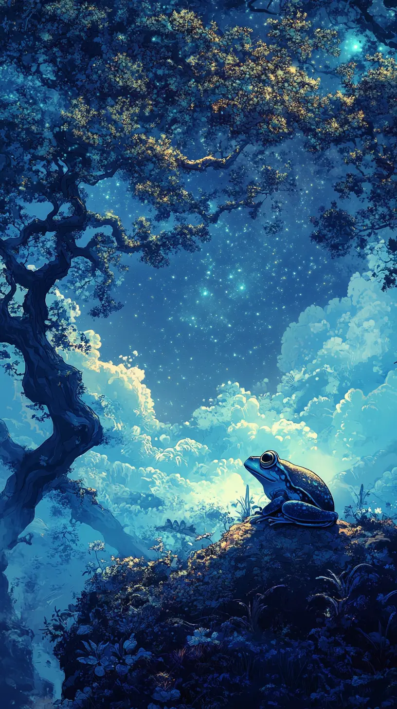 Large frog on a hill under a dreamy starry sky