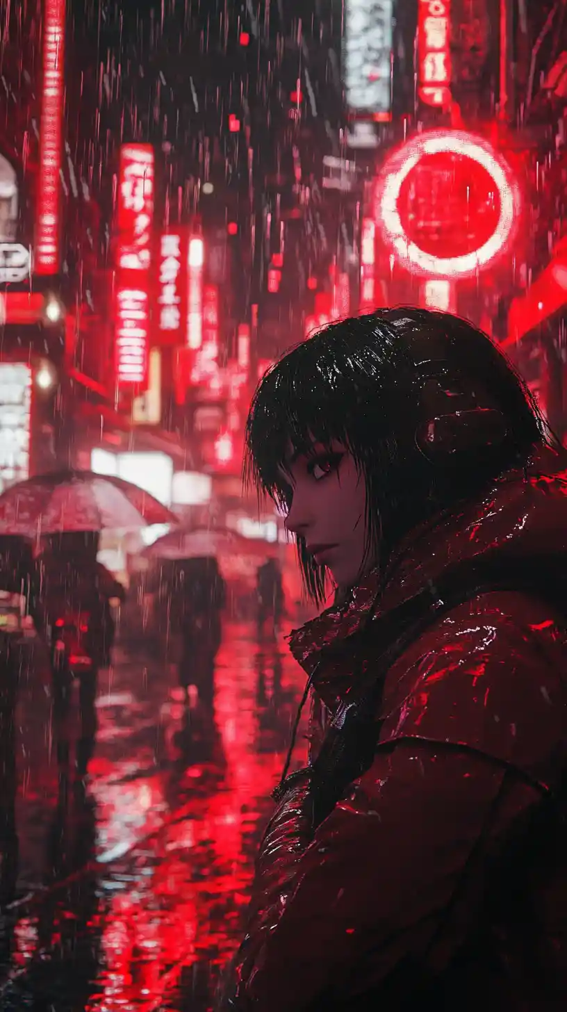 Anime girl on a neon lit rainy city street