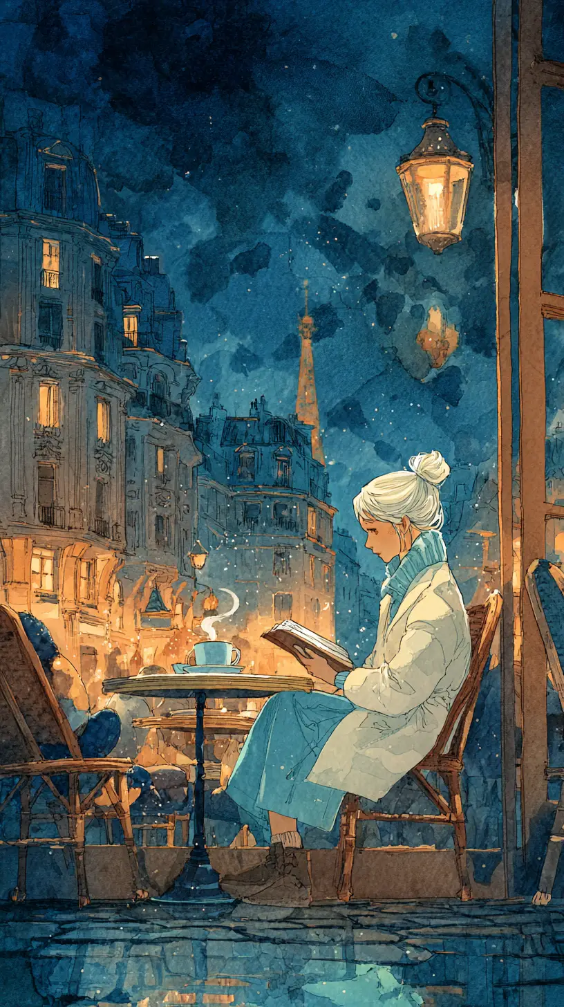 Chica con abrigo de invierno en un café nocturno iluminado por faroles