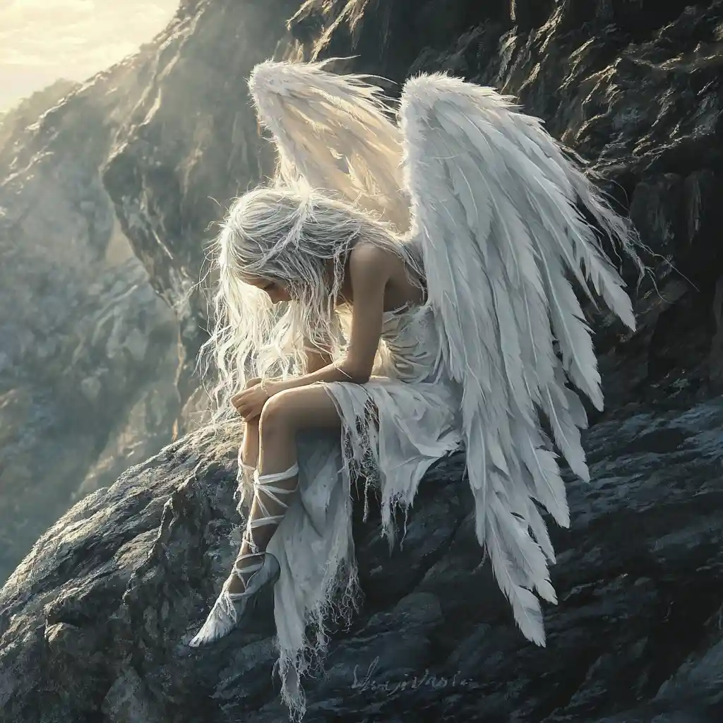 Silver haired angel girl on a rock at sunrise