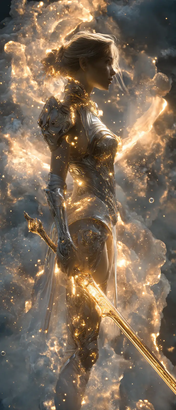 Female cosmic warrior with blazing solar blade