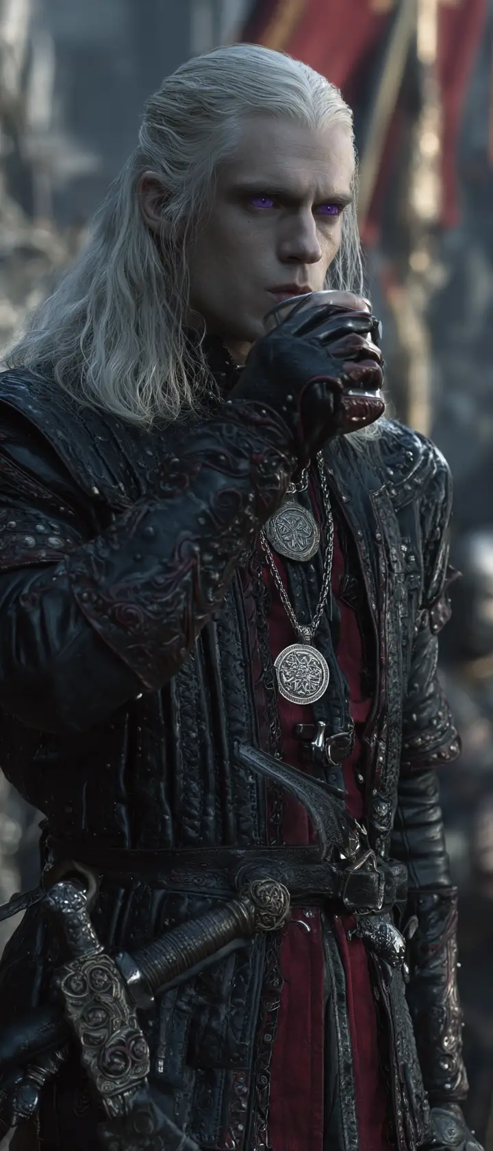 Valyrian prince drinking from a cup on a war torn field