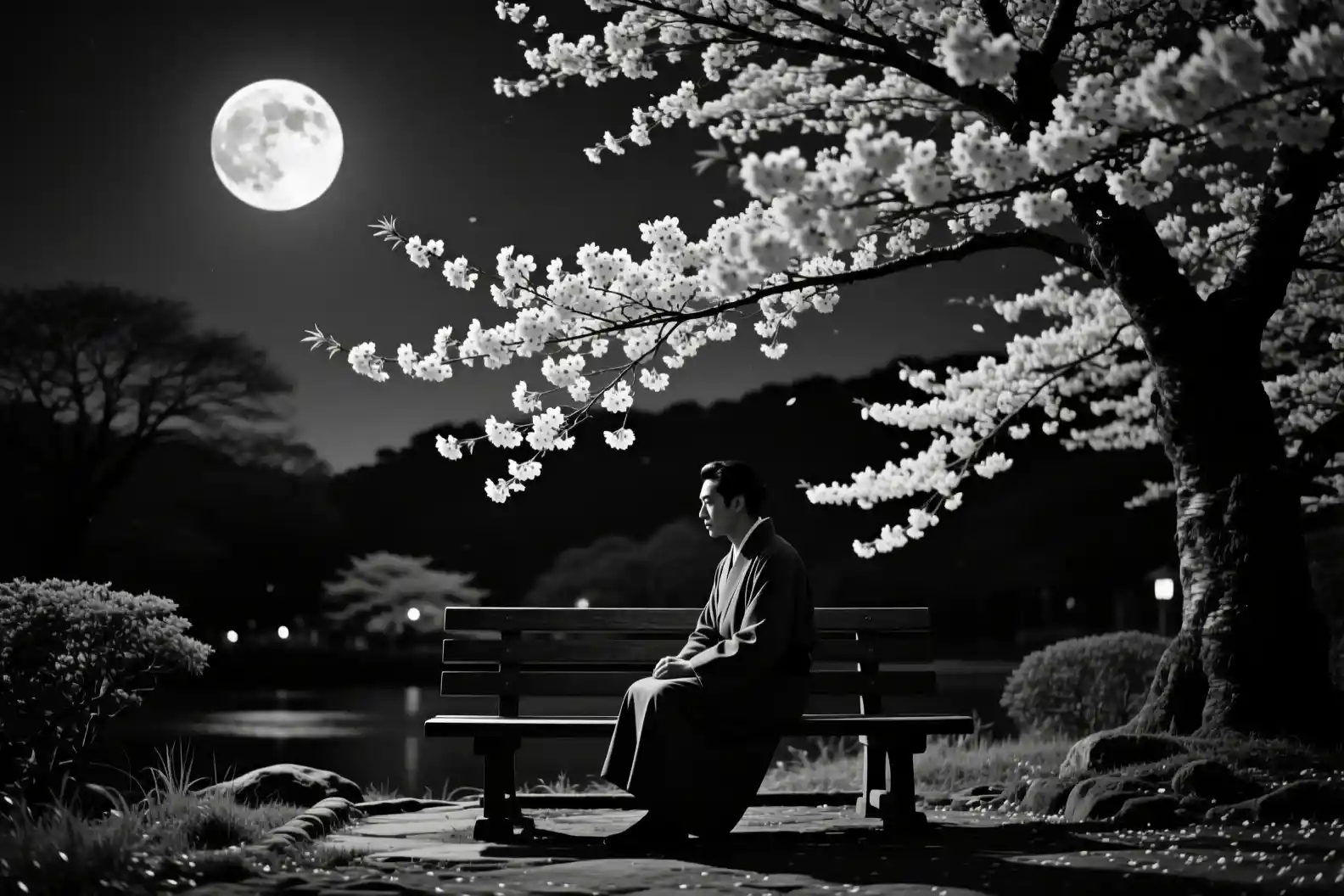 Solitary figure under moonlit sky with spring blossoms