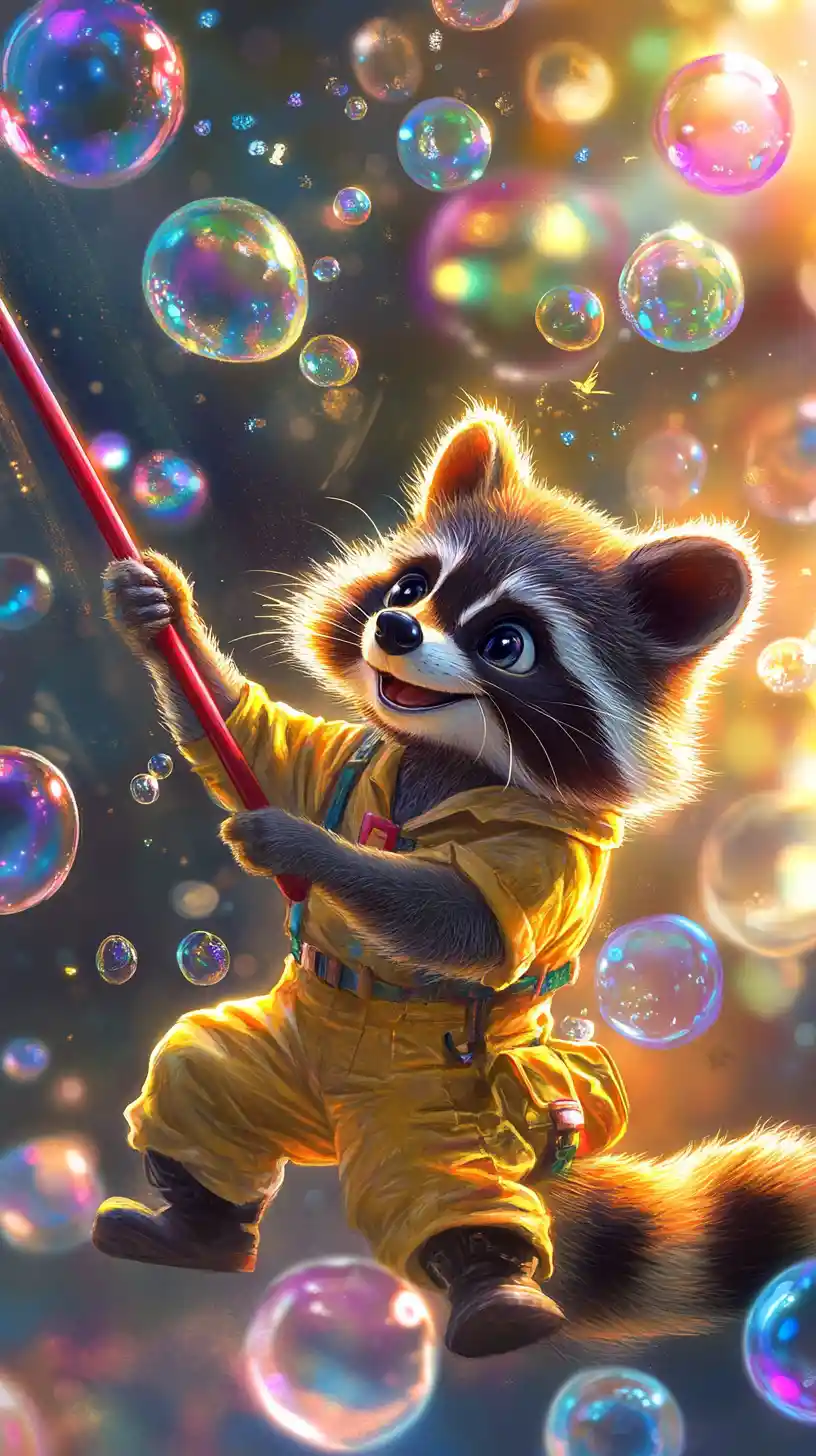 Cheerful raccoon window cleaner with colorful soap bubbles