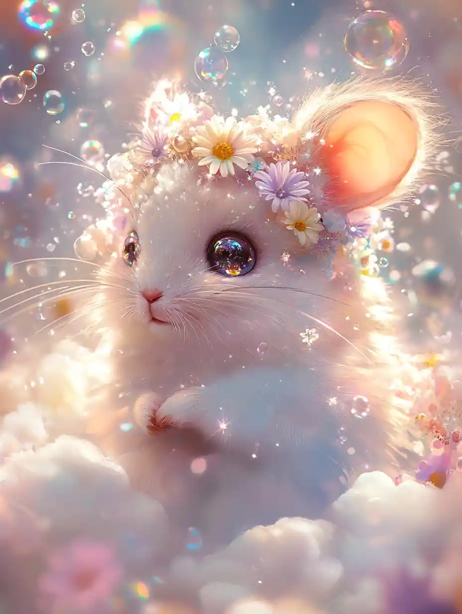 Tiny marshmallow chinchilla floating in a pastel sky