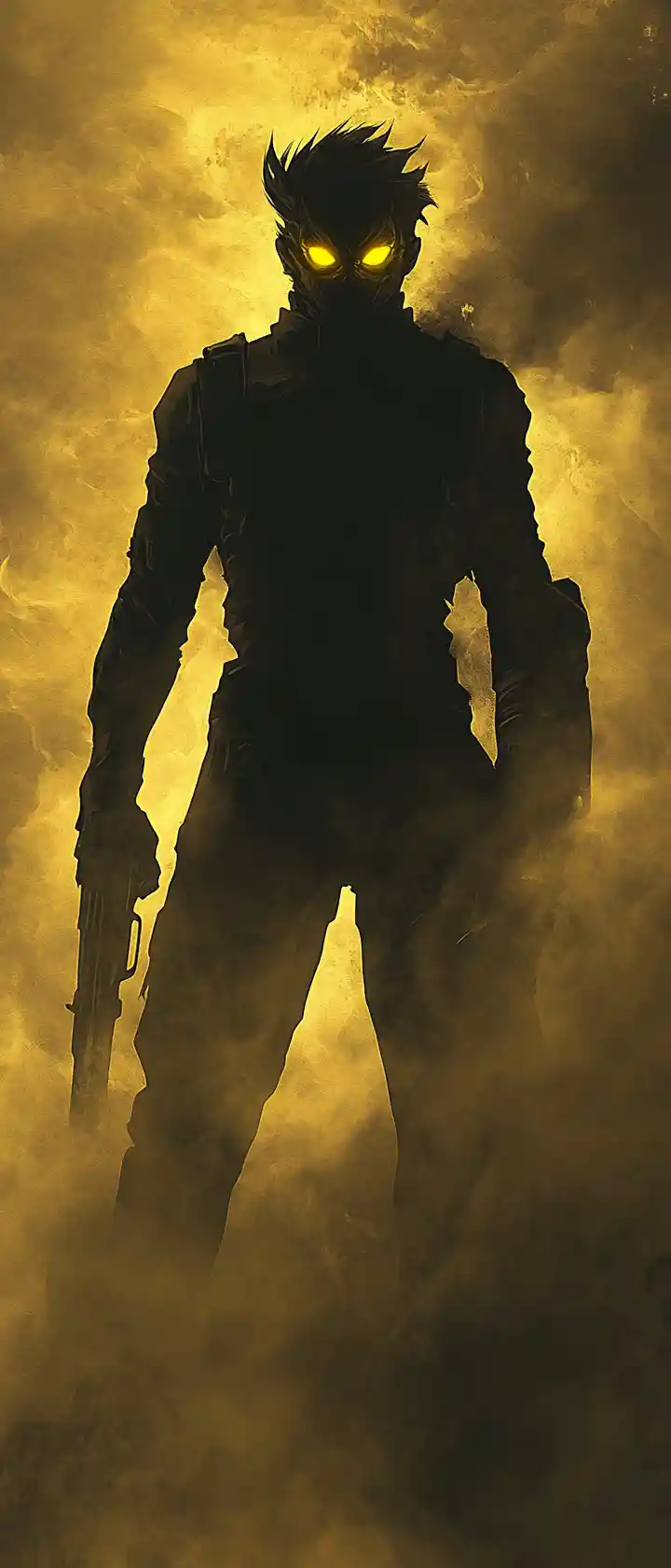 Dark silhouette with glowing yellow eyes in smoky air