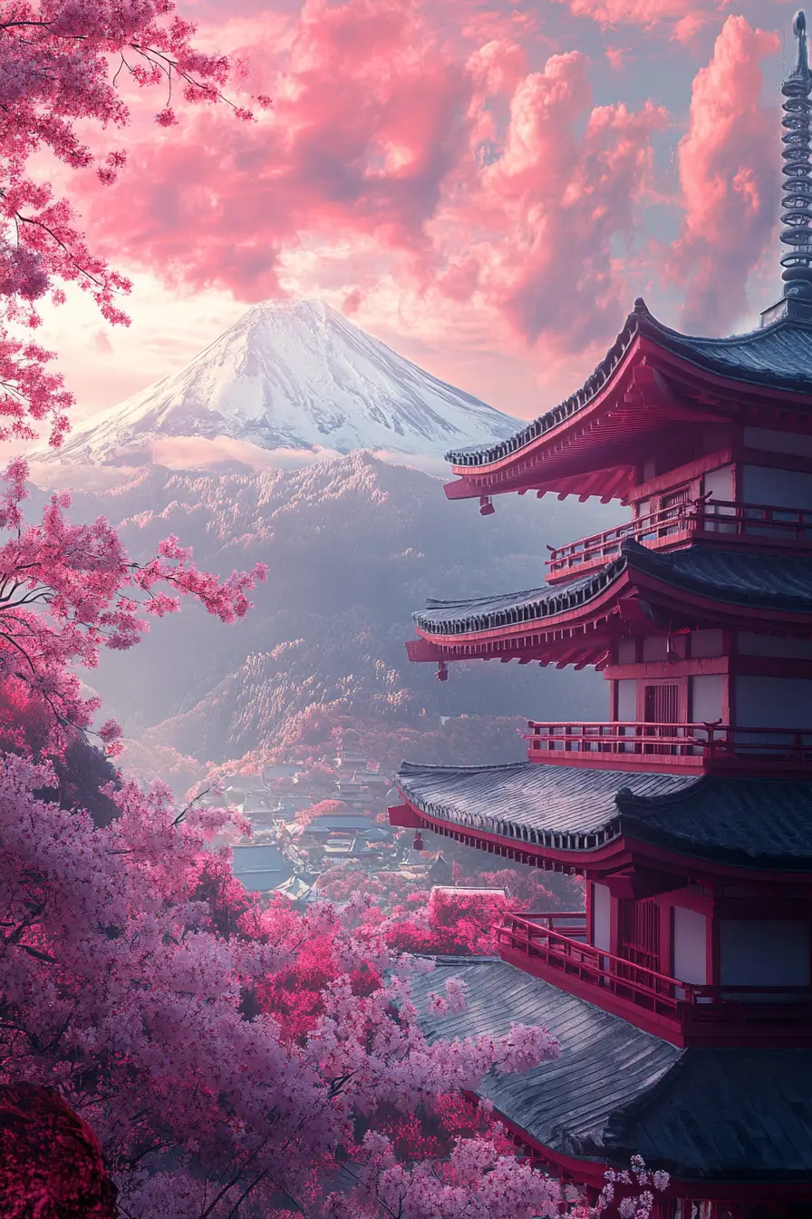 Templo japonês ao lado de montanha nevada em céu rosa dos sonhos