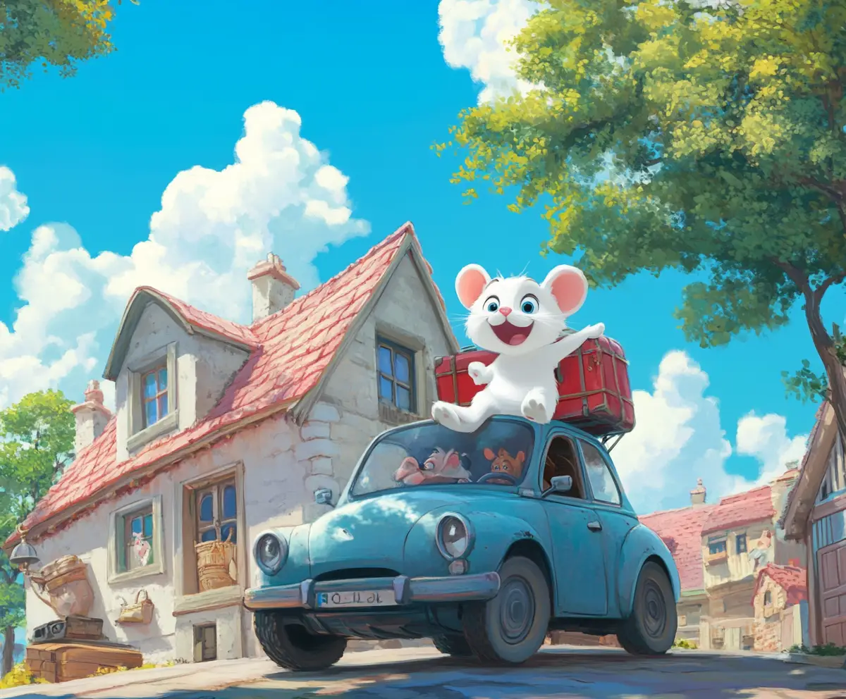 Cartoon animals on a country road in bright daylight