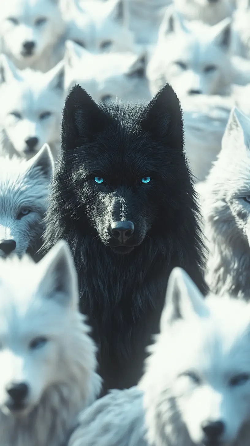 Black Wolf Among White Pack In Dramatic Close Up