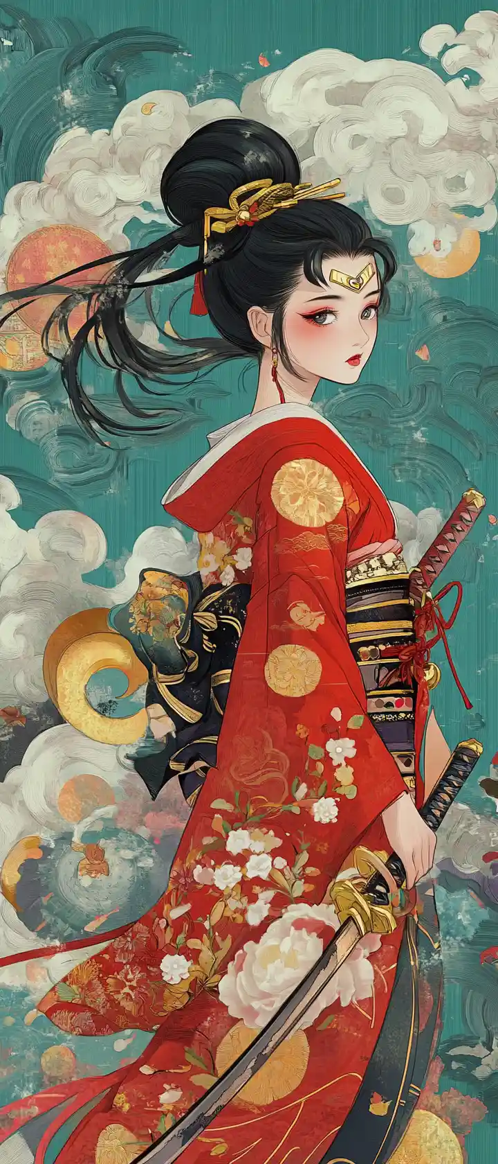 Garota mágica em quimono vermelho inspirada em samurai – ilustração