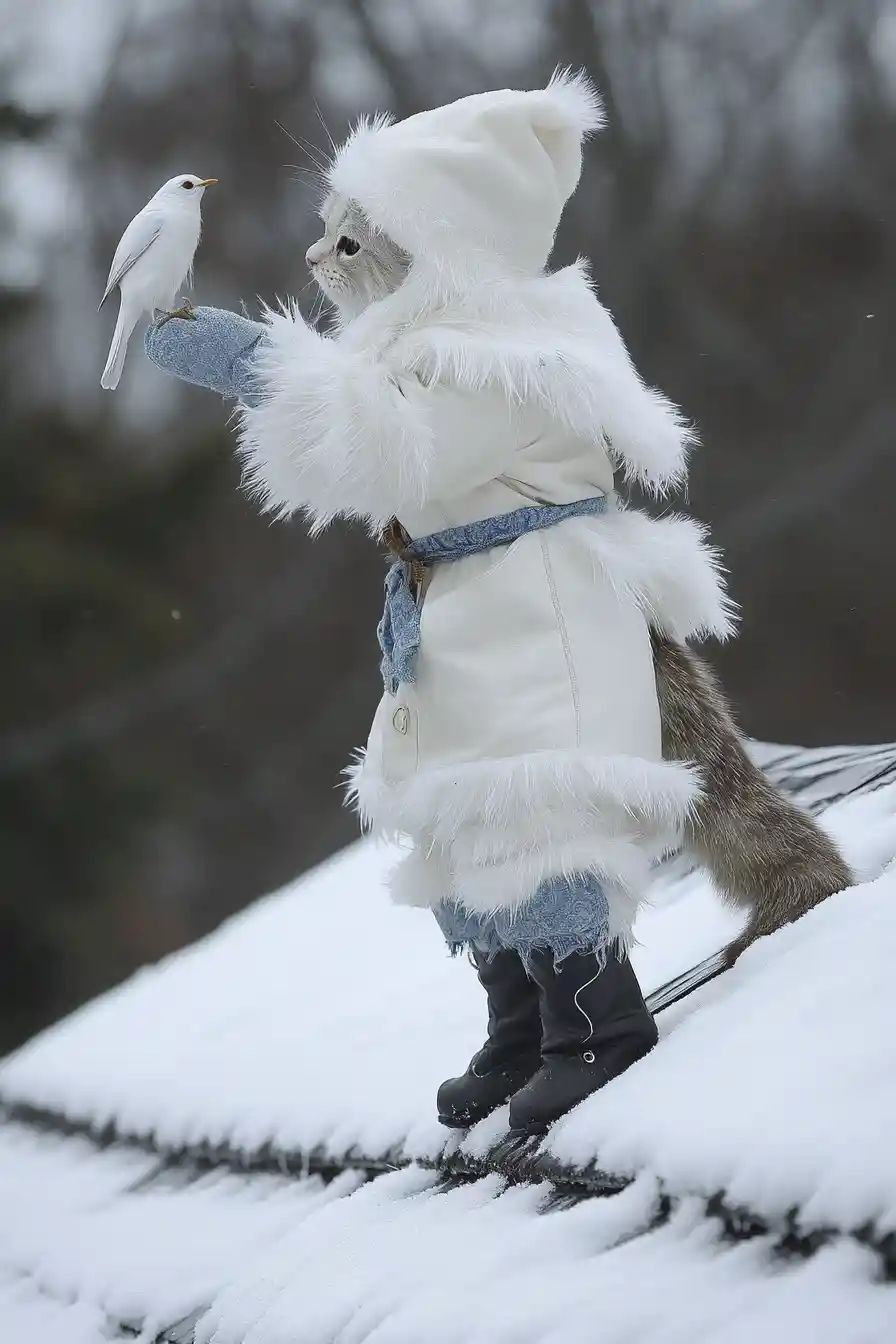Fantasy cat santa climbing a snowy church rooftop