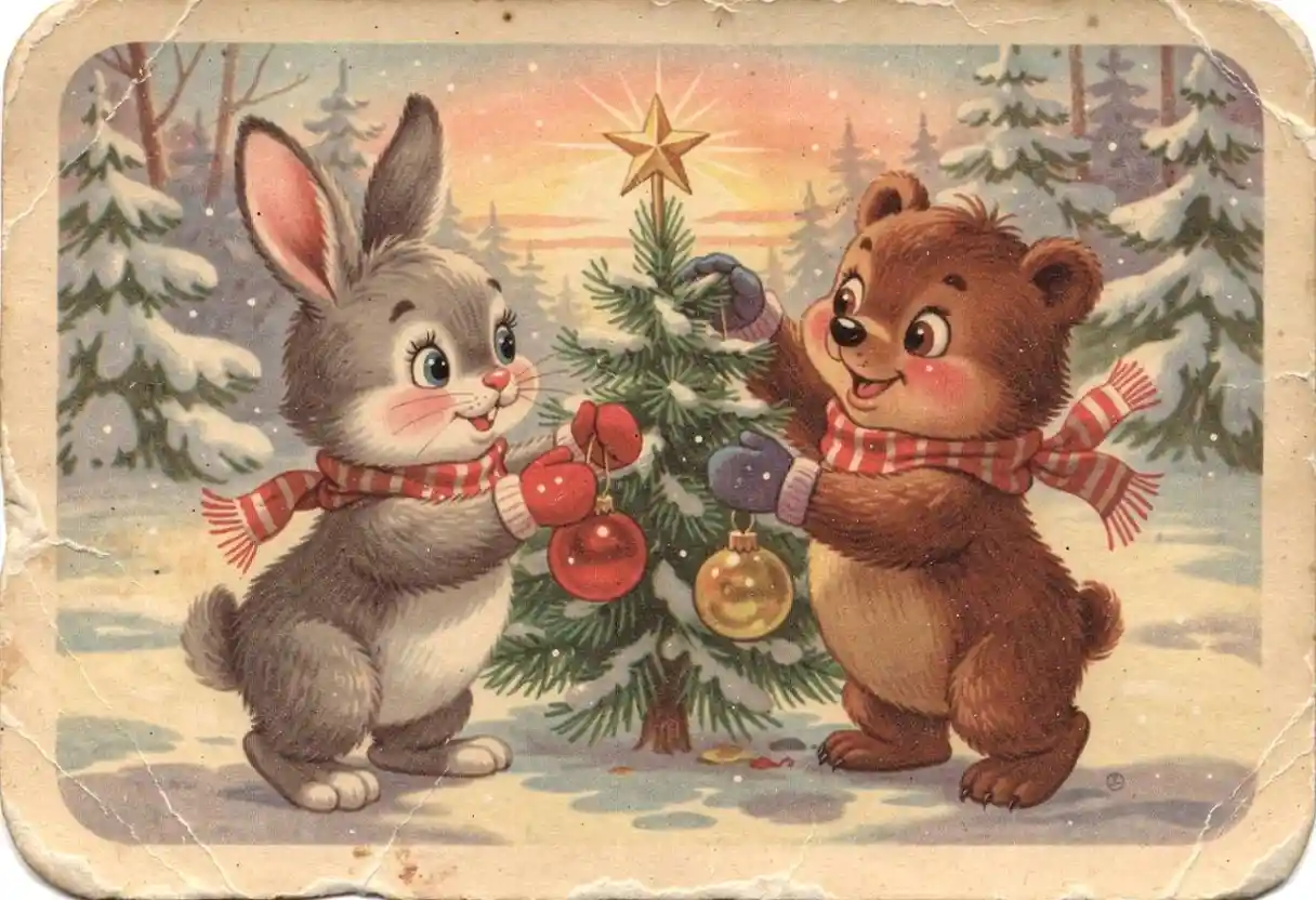 Cute animals decorating a Christmas tree vintage postcard