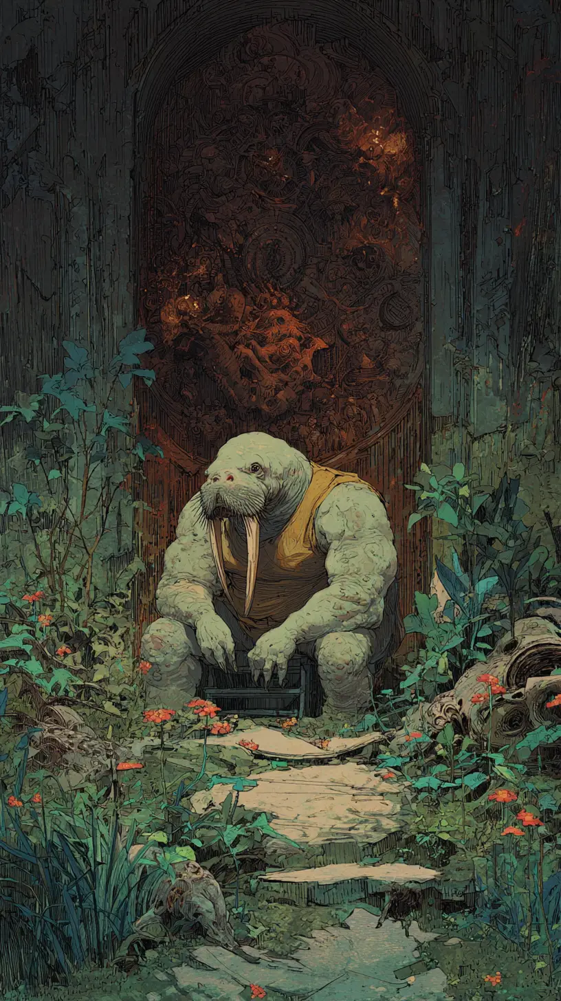 Mythical walrus vulture ferret hero in dark fantasy art