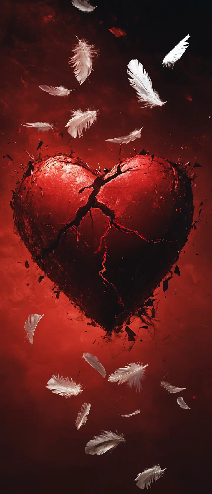 Glowing cracked red heart with falling white feathers