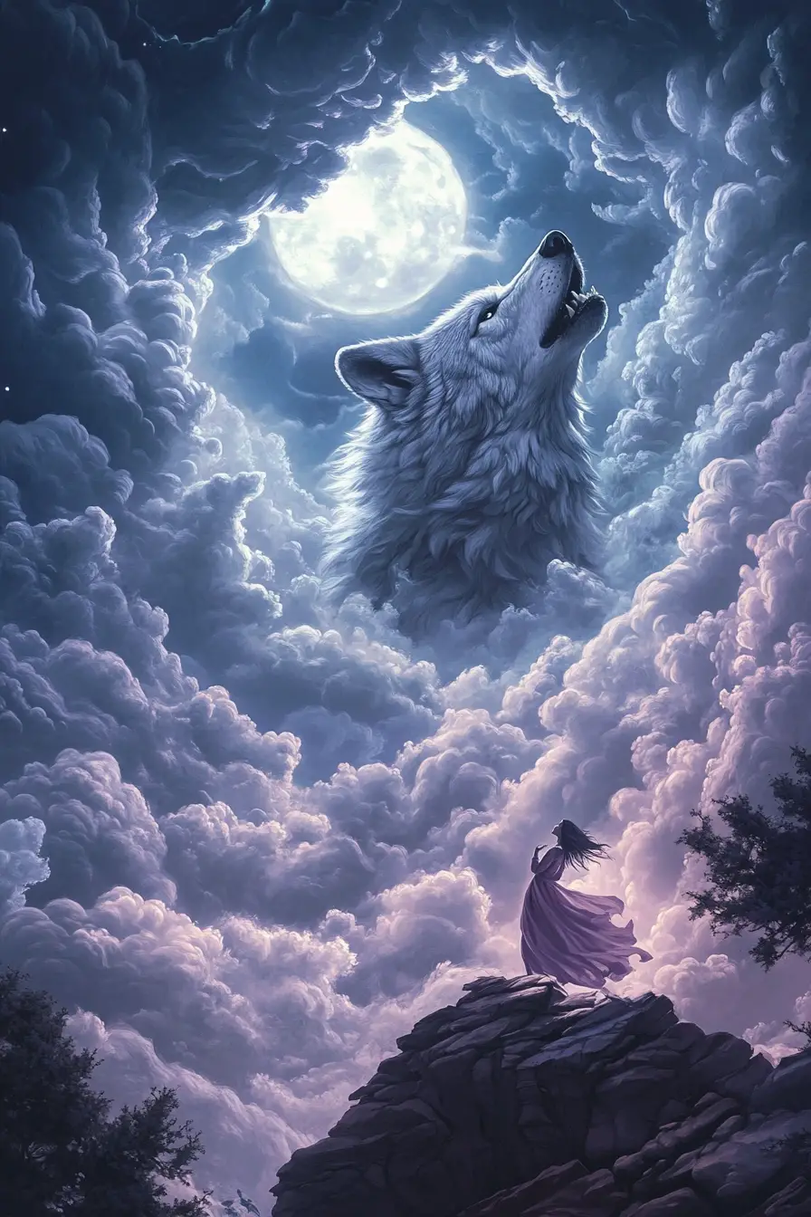 Giant cloud wolf and lone woman under stormy moonlit sky