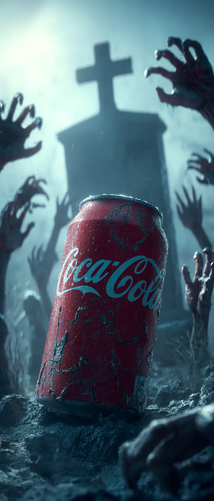 Decaying soda can in eerie graveyard with reaching hands