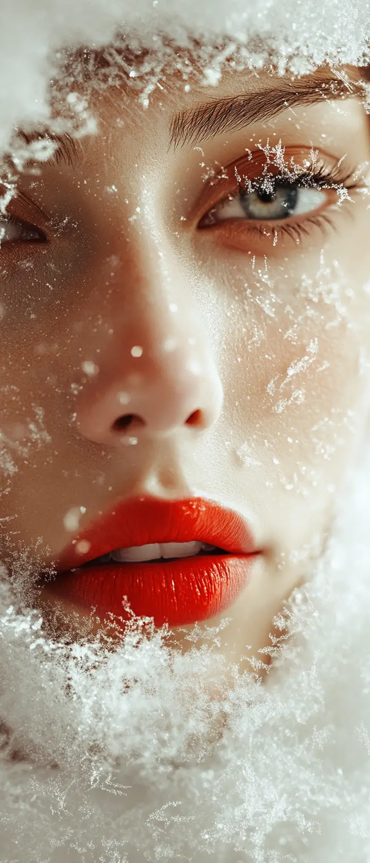 Woman in white hood with snow on her face