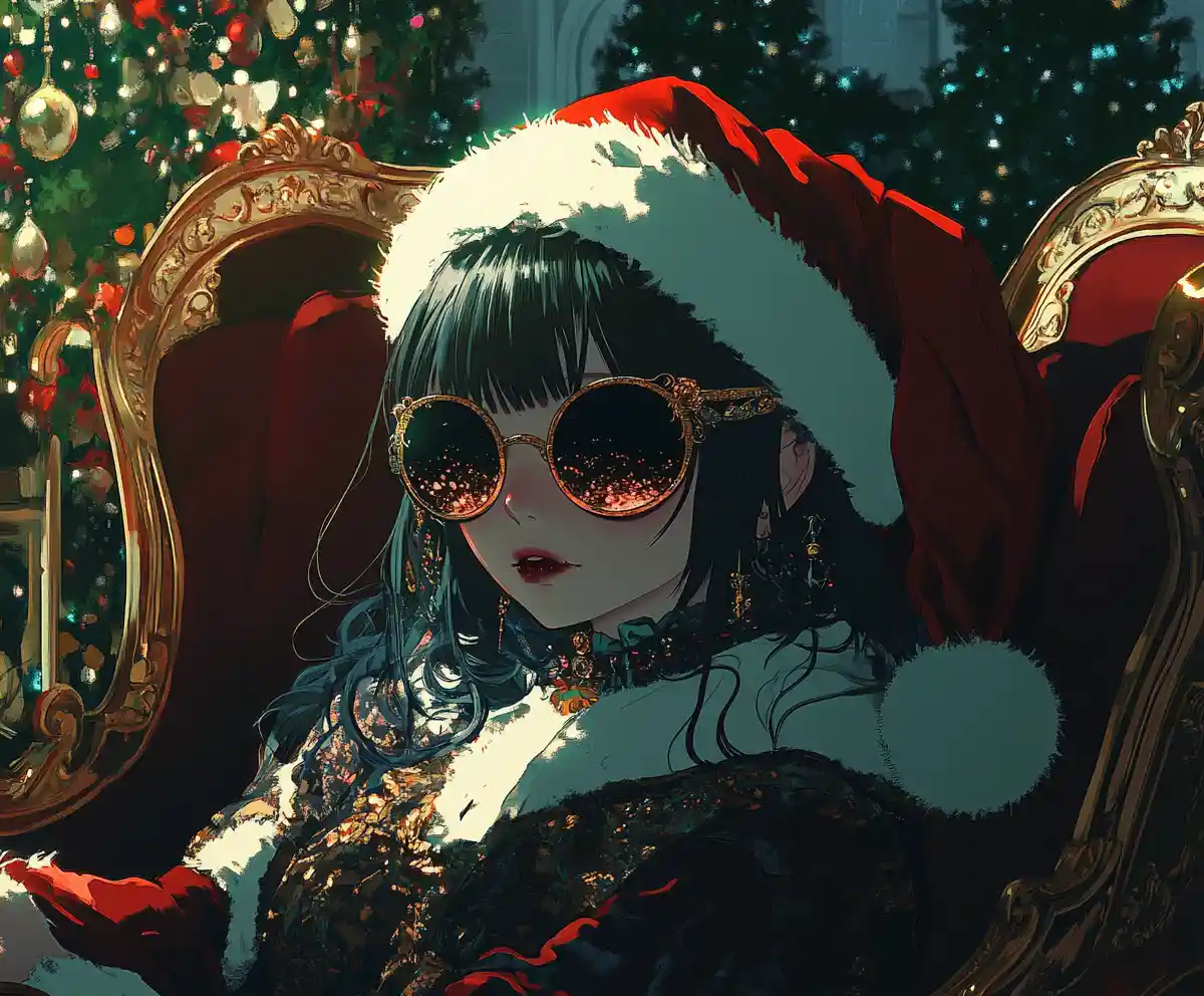 Anime goth girl santa sitting in a decorated sleigh
