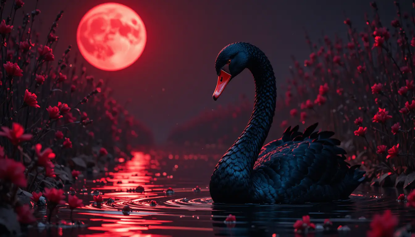 Black swan under a red moon on dark rippling water