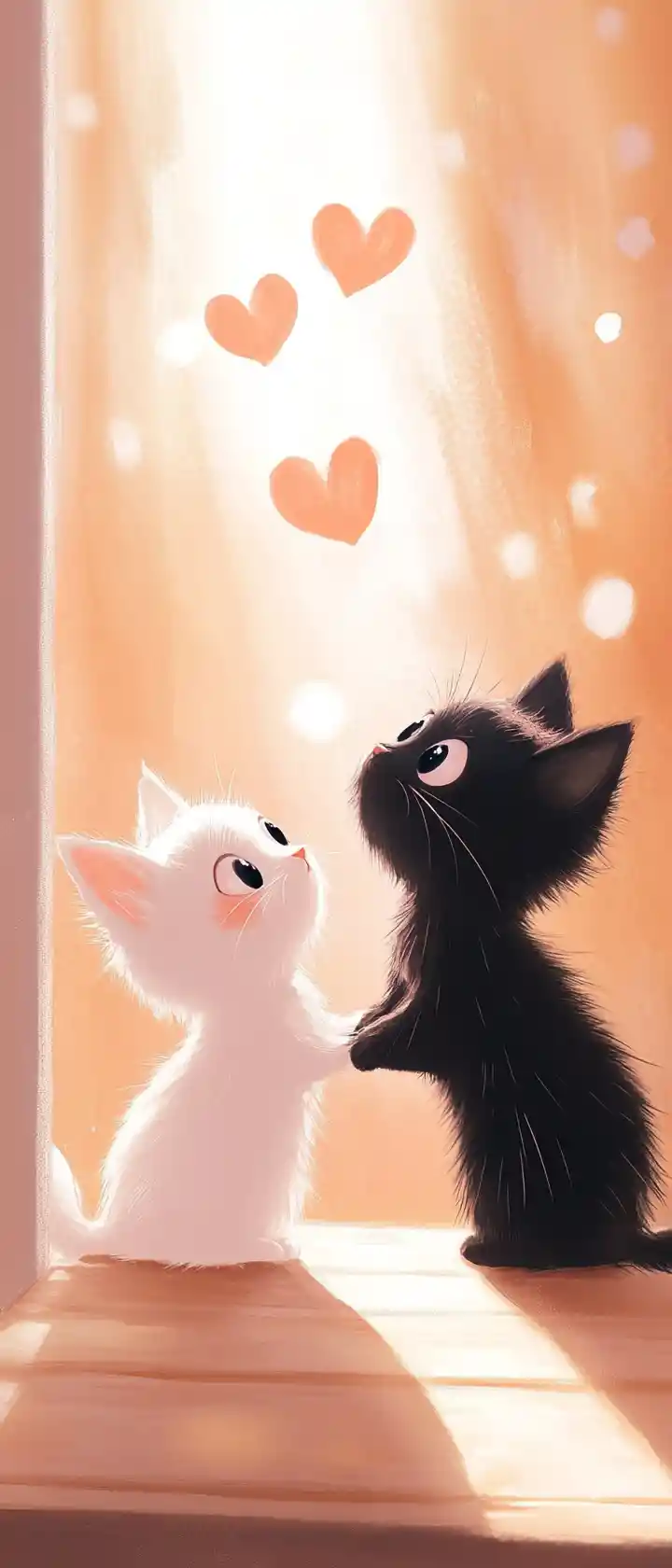 Cute tiny cat pushing blushing characters together