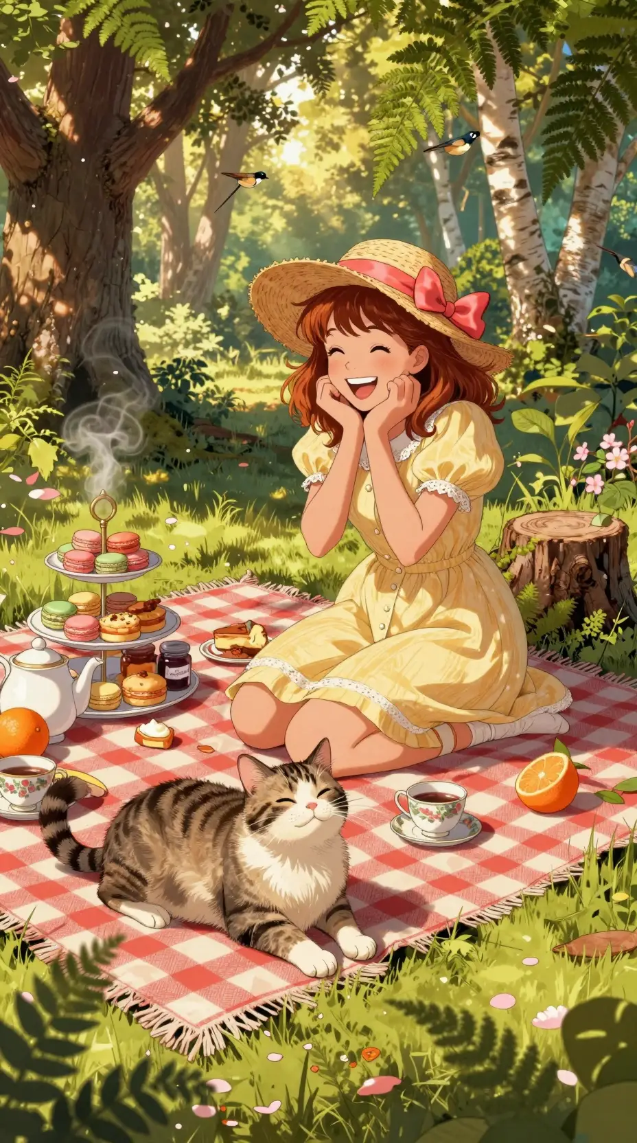 Girl on a mossy tree stump in a sunny forest